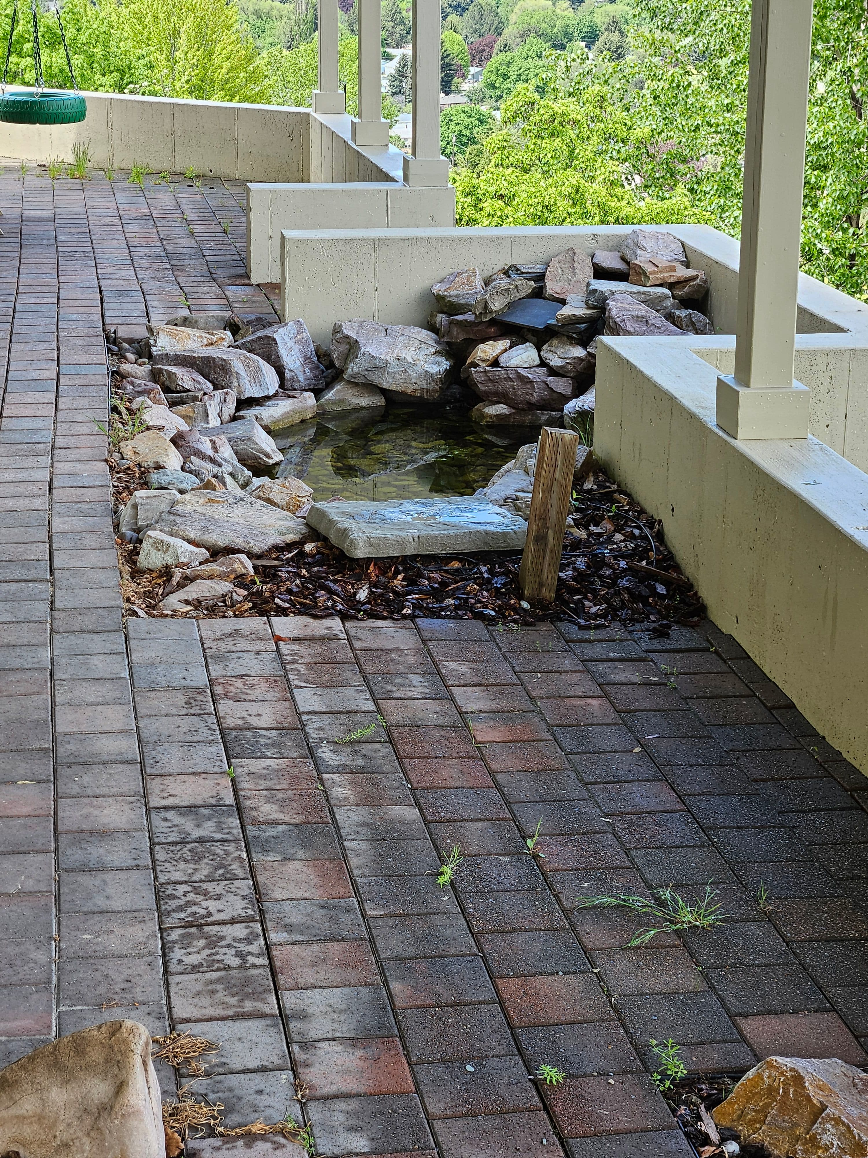 Pathway with stone features and a small water pond surrounded by greenery.